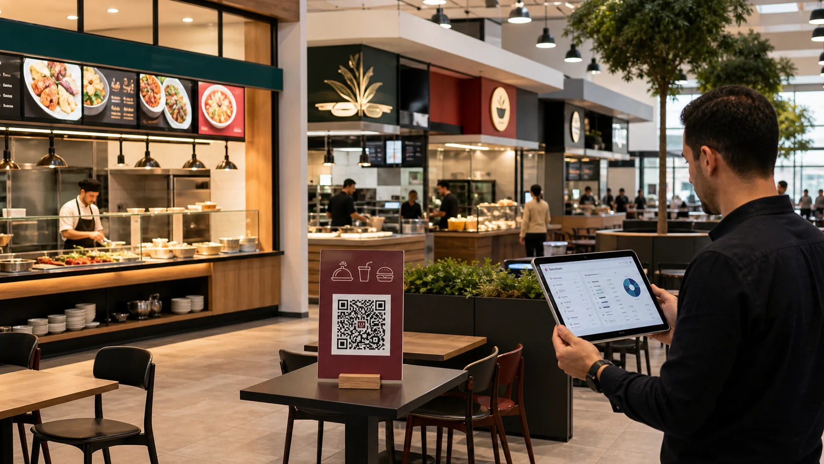 Birden fazla yemek tezgahı olan alanda merkezi QR sipariş noktası