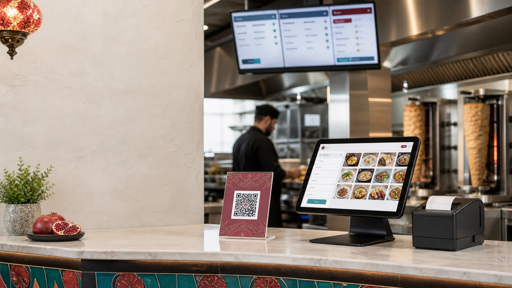 QR menü kartı, restoran POS ekranı ve mutfak ekranı bulunan modern restoran tezgahı