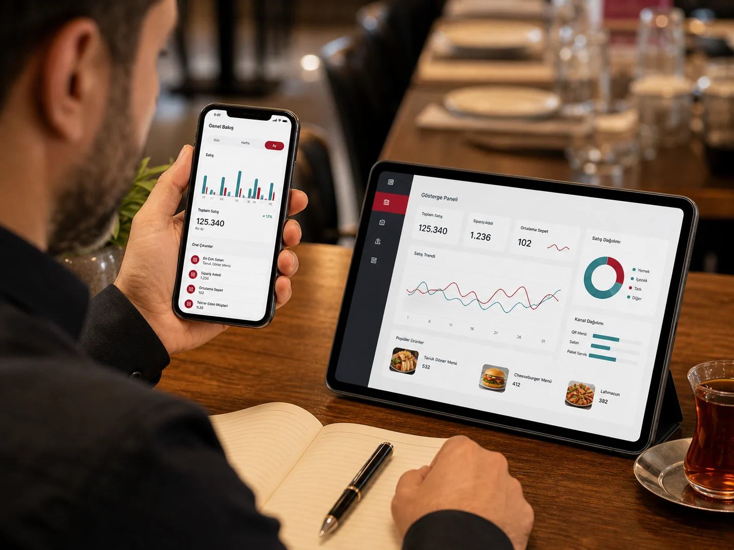 Restoran yöneticisinin telefonda satış raporu ve tablet paneli incelemesi