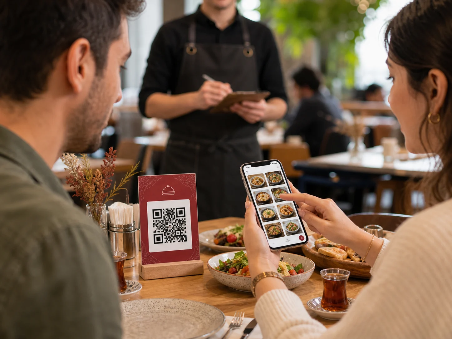 Restoran masasında QR menü kartı ve telefonda yemek menüsü